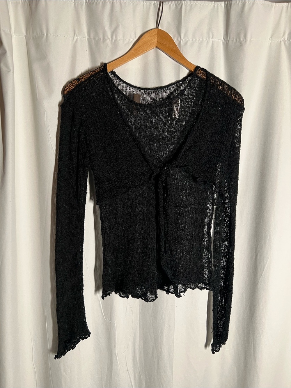 Vintage Black Sheer Tie-Front Long Sleeve Top